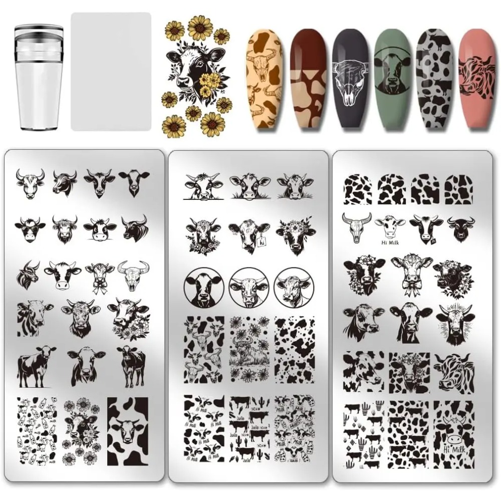 Nail Stamping Plate - 3pcs Cow-Theme Nail Stamping Plates 56