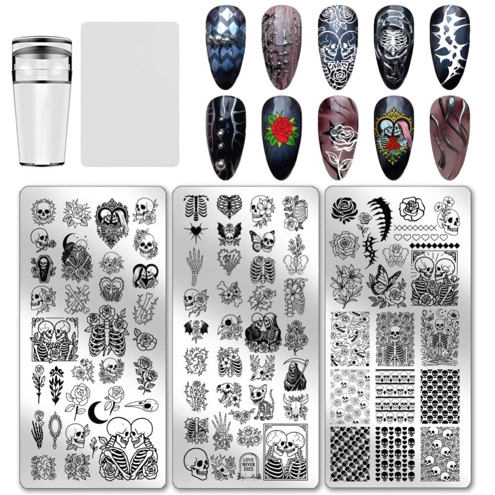 Nail Stamping Plate - 3pcs Skull Nail Stamping Plates Bone