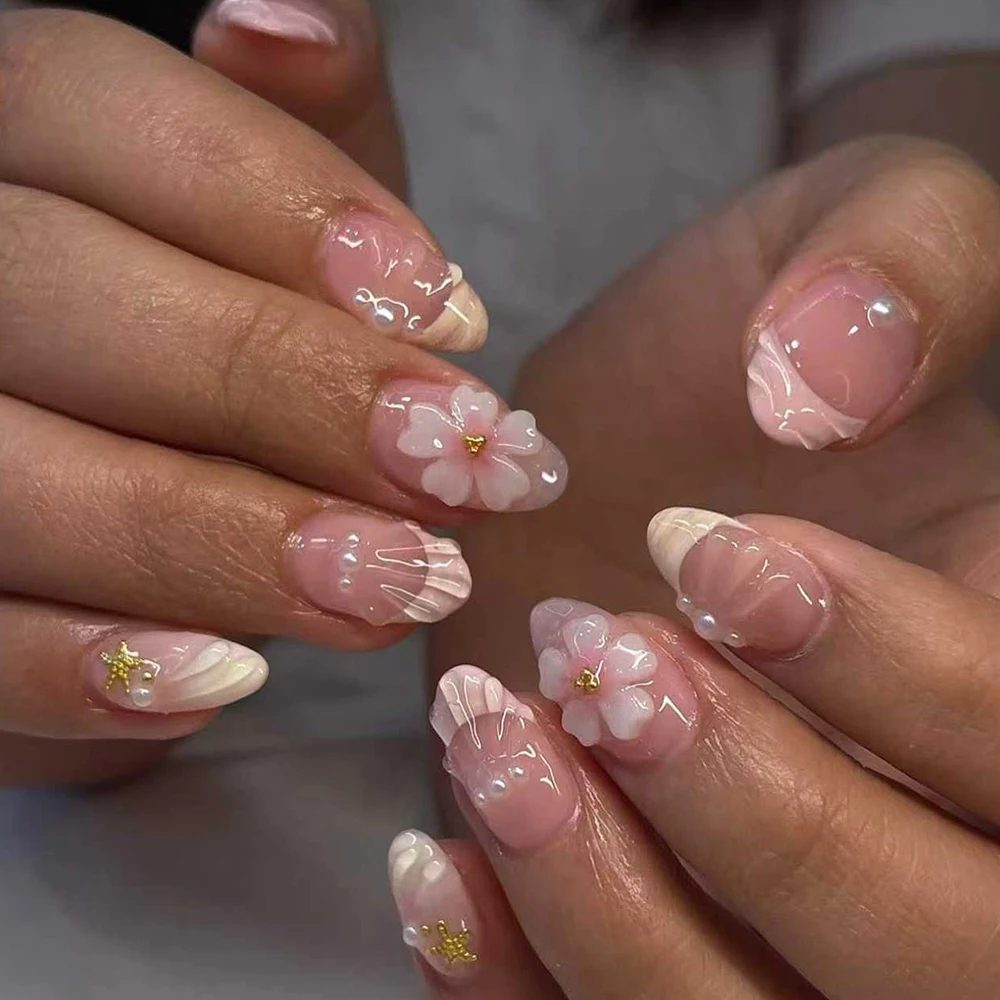 Nail Art Press On - 24pcs Short Oval 3D Gel Nail