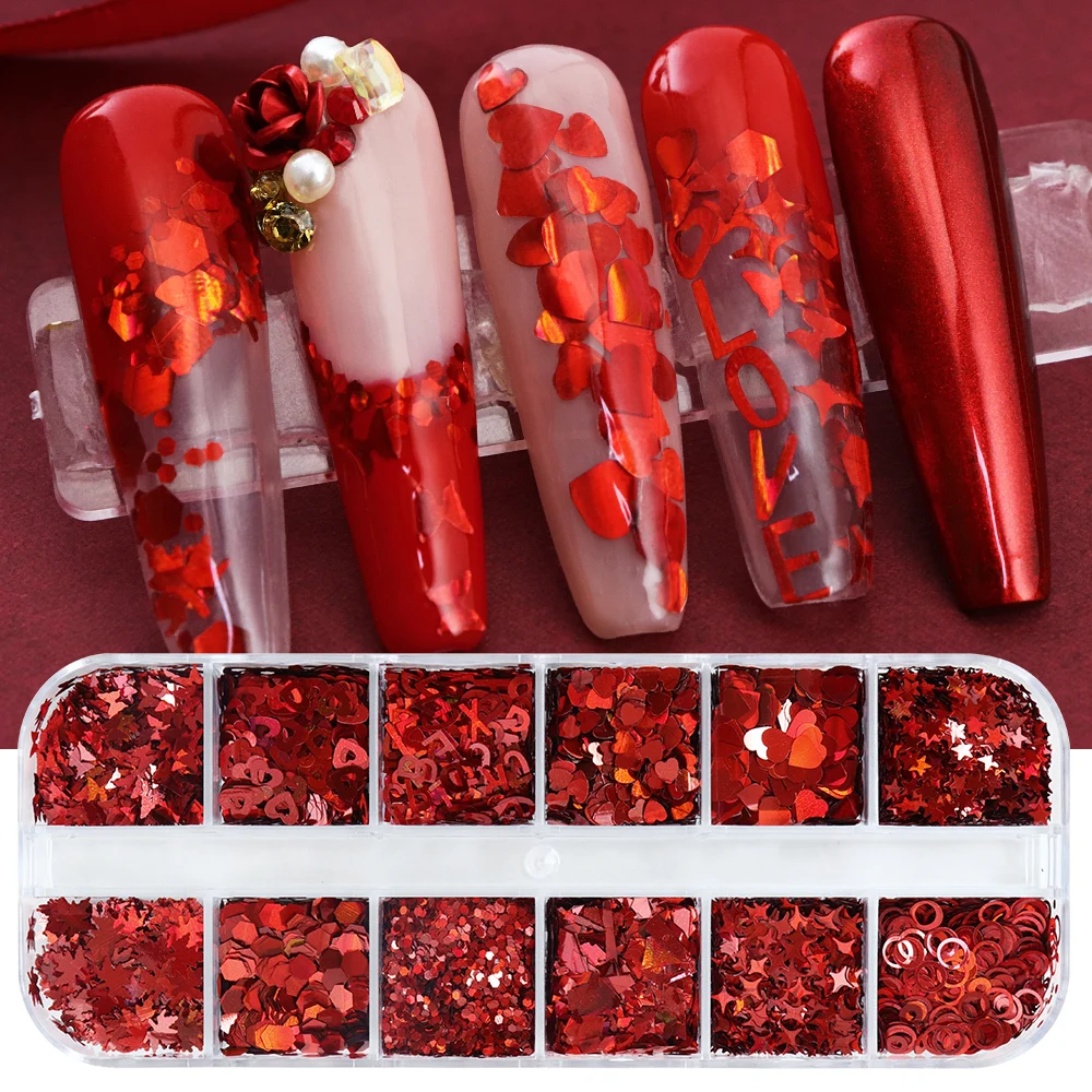Nail Art Valentine - Holographic Red Nail Art Glitter Flakes