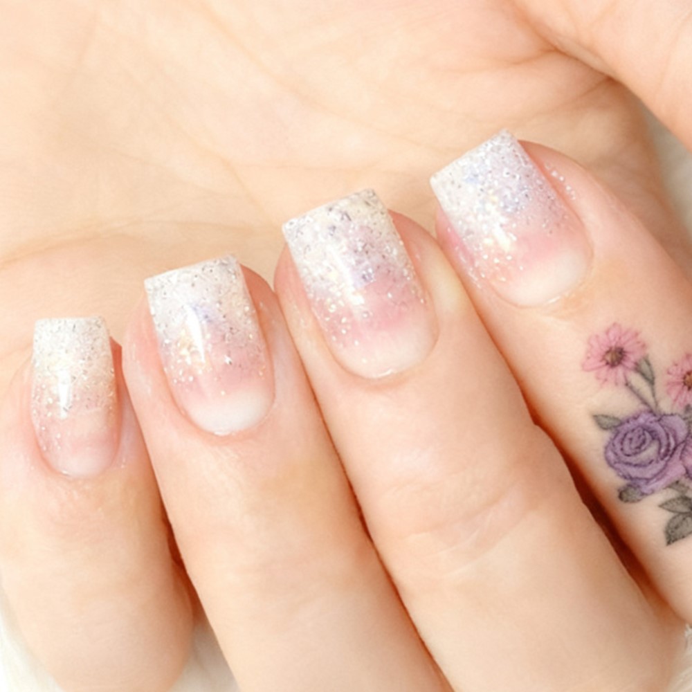 Nail Art Natural Pink - Glitter Short Fake Nail Tips With