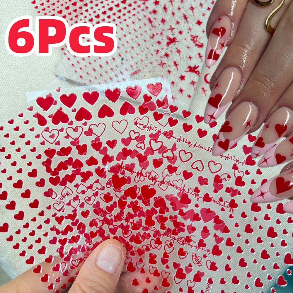 6Pcs/Set Red Love-Heart Valent - Nail Art Valentine recension och pris